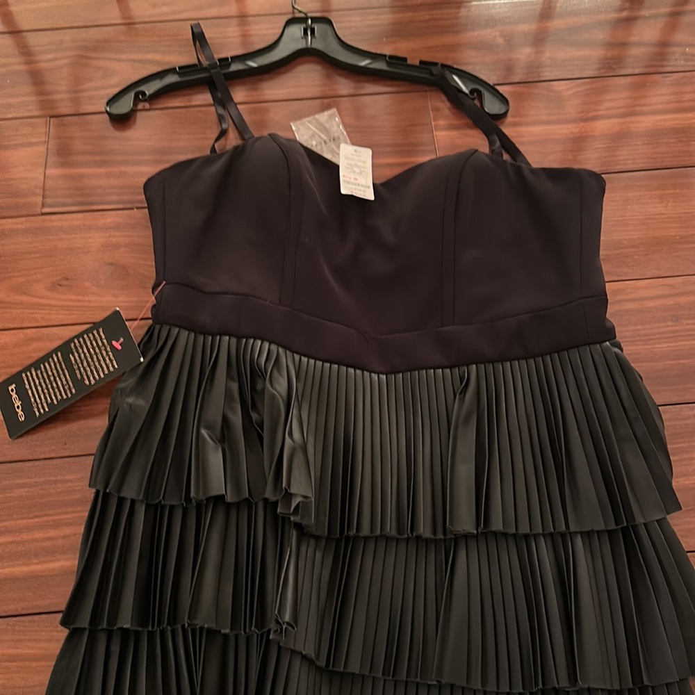 Bebe Strapless ruffle pleated faux leather  dress